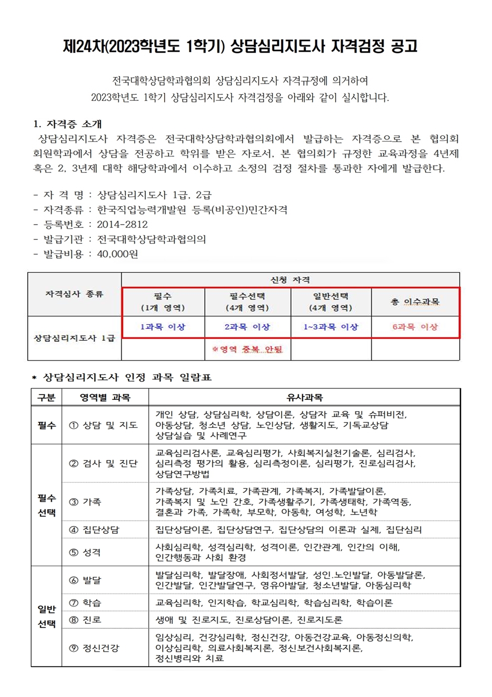 제24차 상담심리지도사1급 자격검정 공고(2023.6.8.(목)~6.18(일))