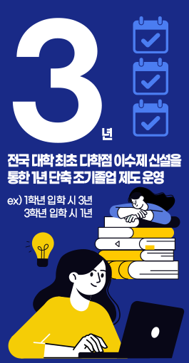 3년 - 전국 대학 최초 다학점 이수제 신설을 통한 1년 단축 조기졸업 제도 운영 ex)1학년 입학 시 3년 3학년 편입 시 1년